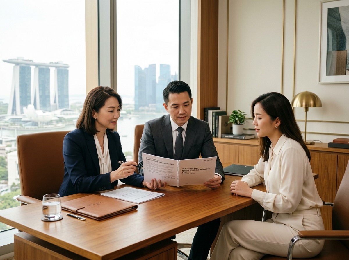 Professional insurance consultation in a warm Singapore advisory office