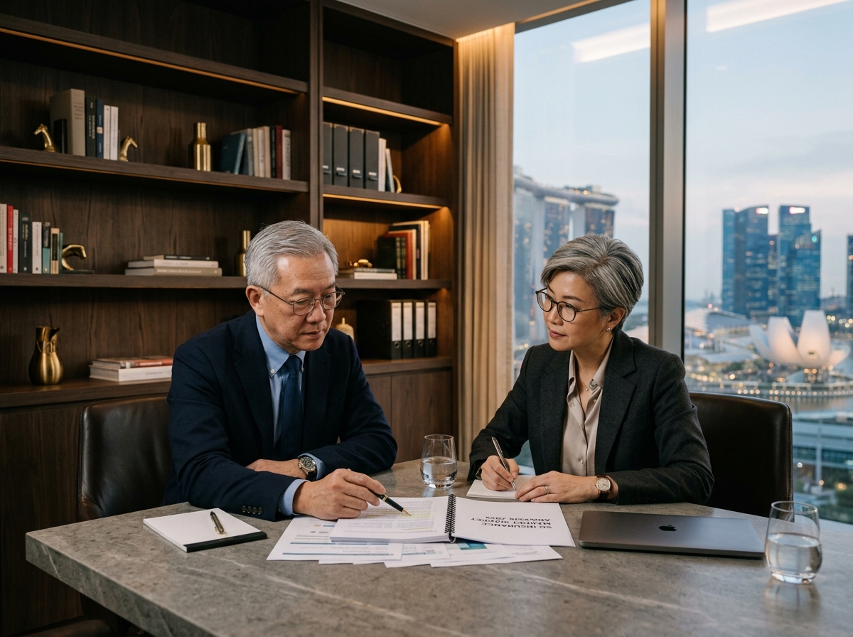 Two professionals reviewing insurance policy and claims documents
