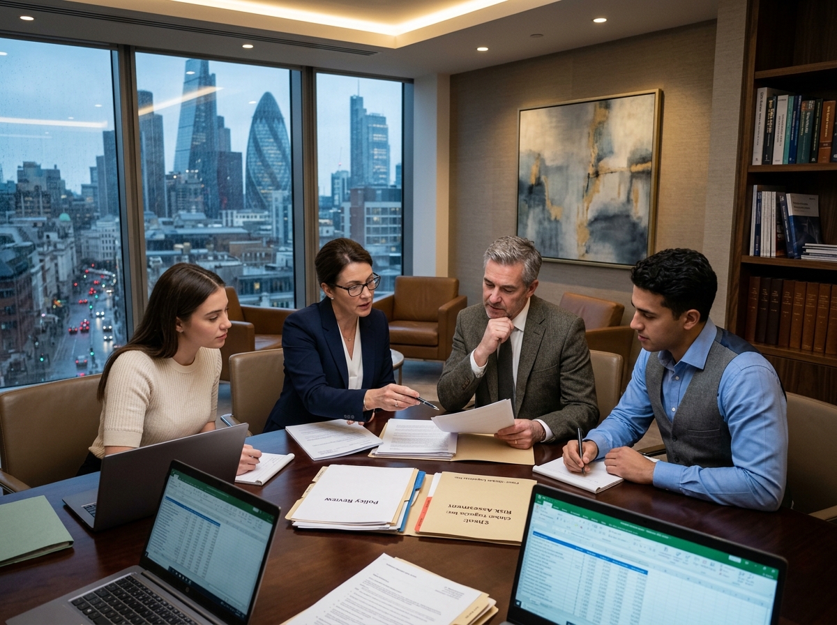 Insurance professionals reviewing client documents in a refined office